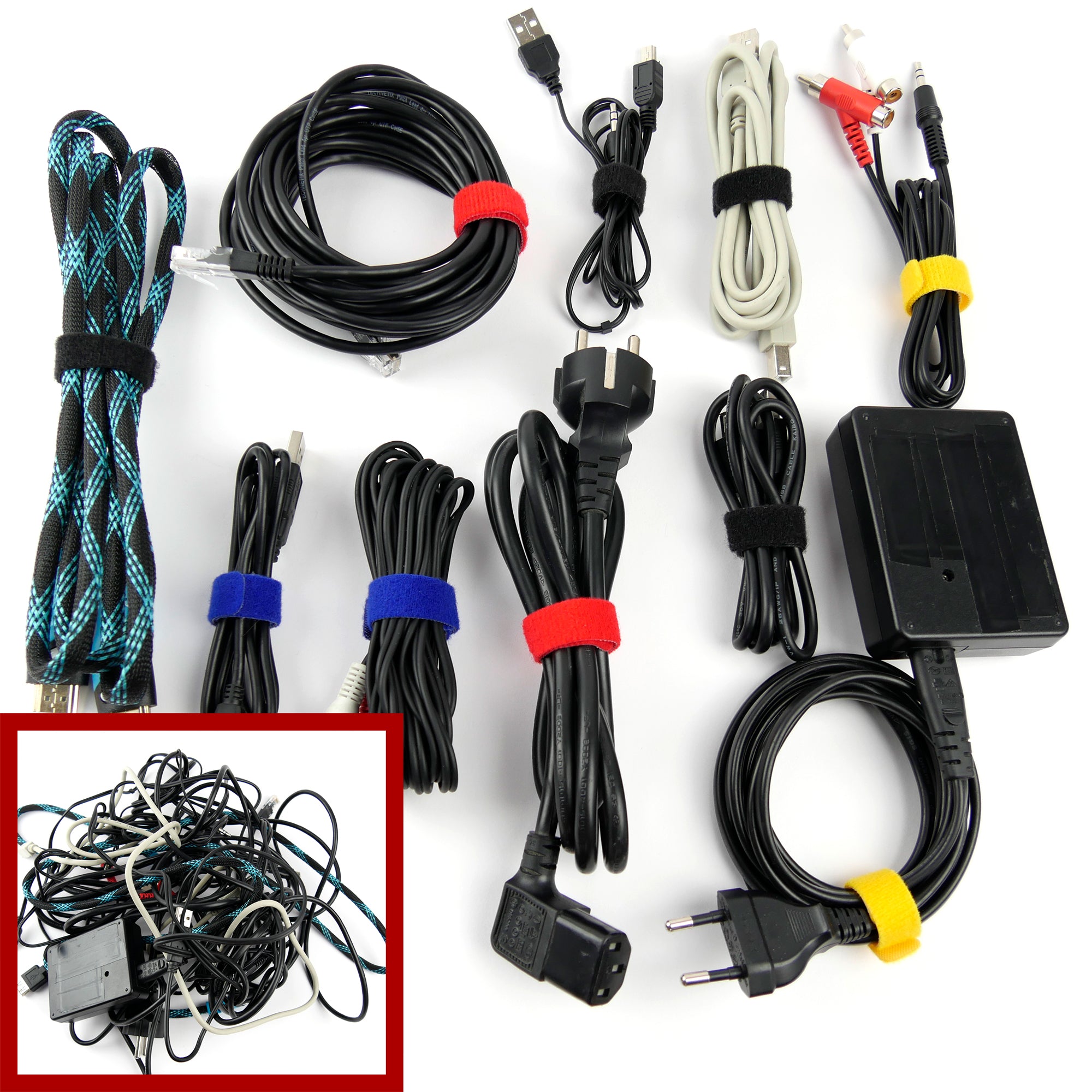Kabelordnungs-Komplettset von Label-the-Cable –3 m Klettbandrolle + 10 beschriftbare Klettfahnen + 20 bunte Klett-Kabelbinder