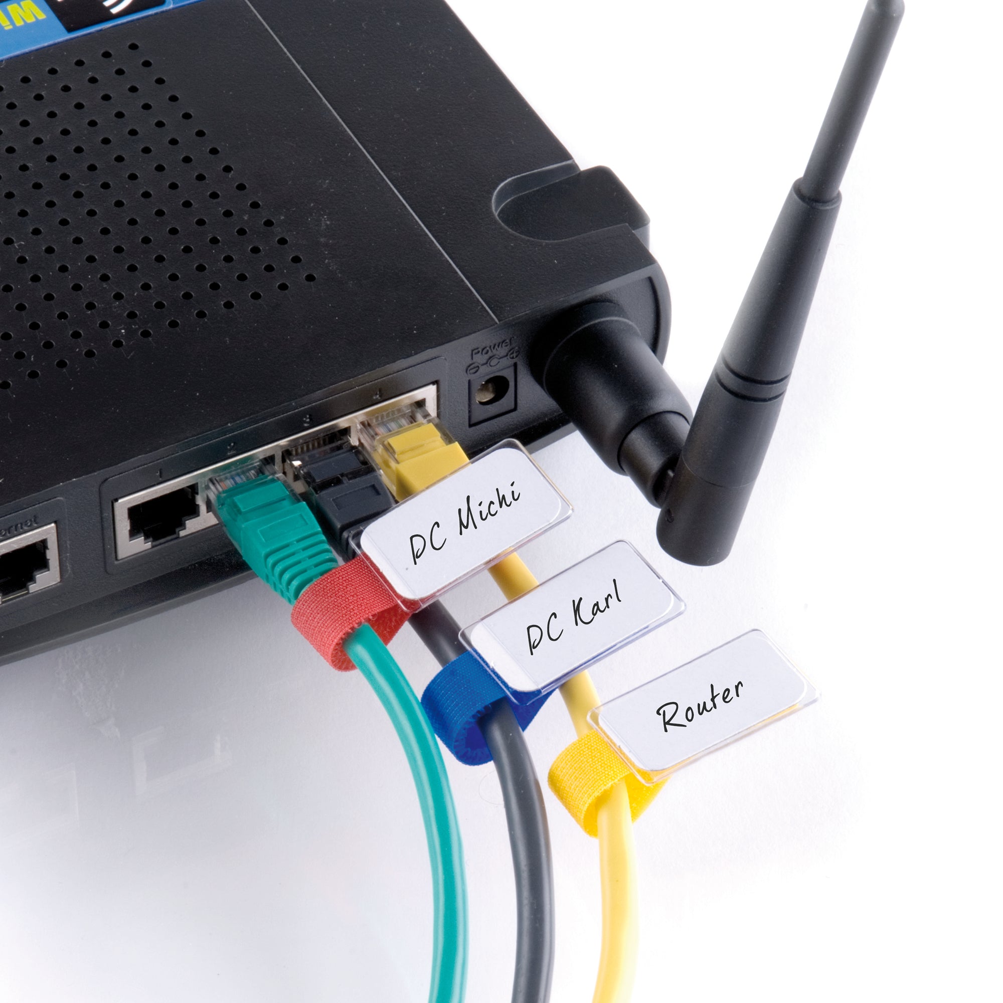 Kabelordnungs-Komplettset von Label-the-Cable –3 m Klettbandrolle + 10 beschriftbare Klettfahnen + 20 bunte Klett-Kabelbinder