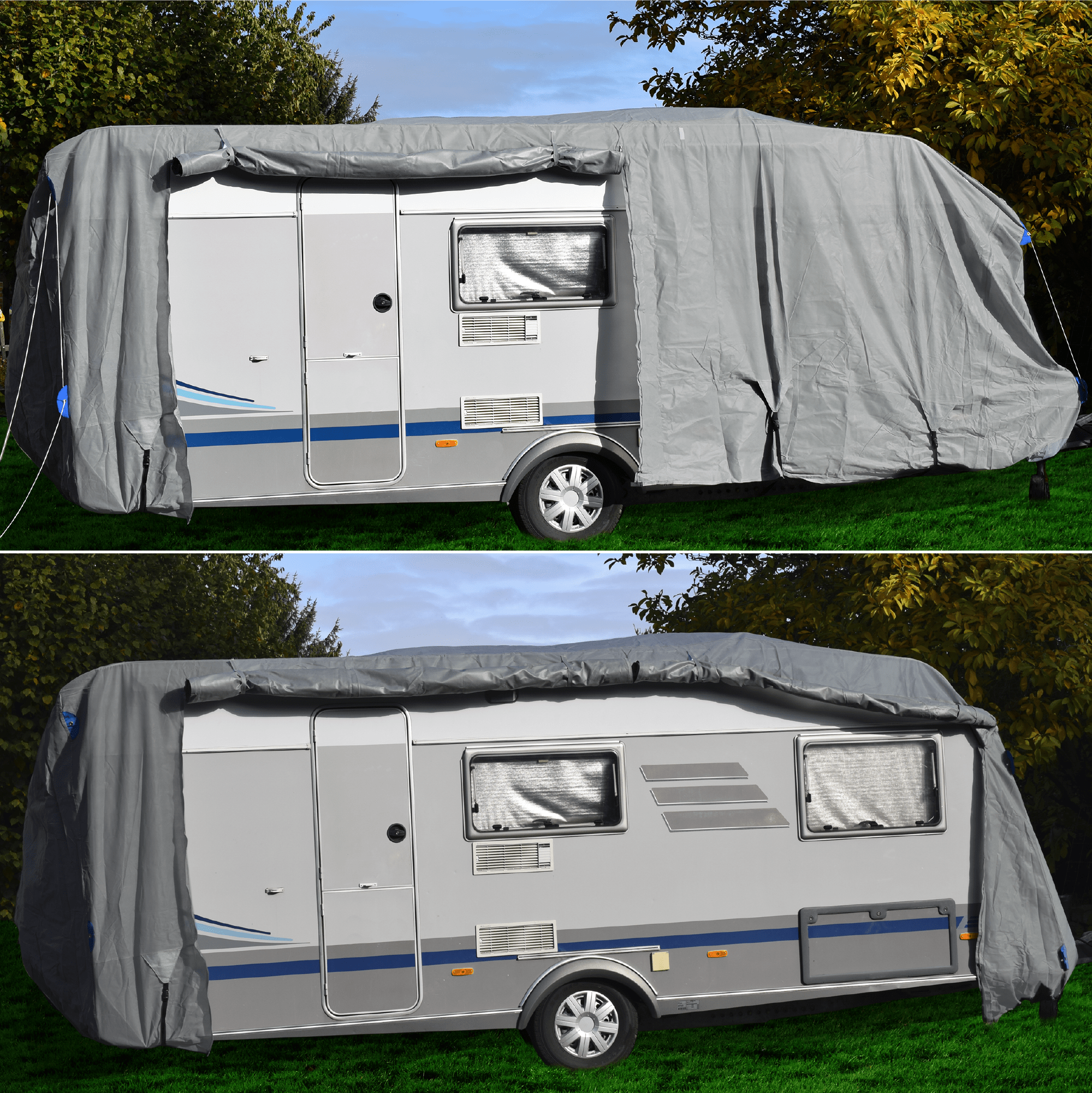 GreenYard® Wohnwagen Abdeckplane mit Reflektoren Größe S | 460 x 250 x 220 cm