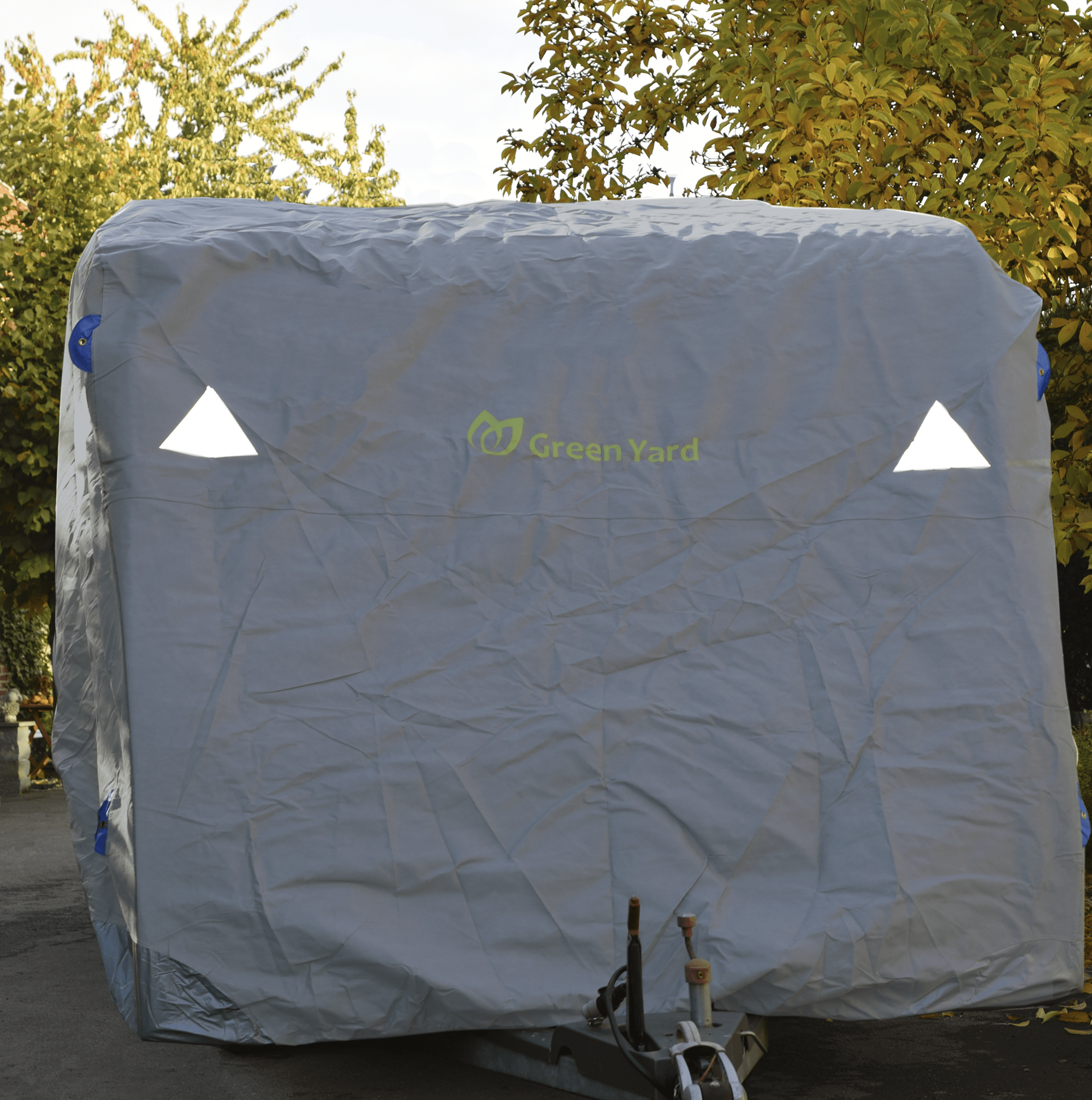 GreenYard® Wohnwagen Abdeckplane mit Reflektoren Größe XL | 670 x 250 x 220 cm