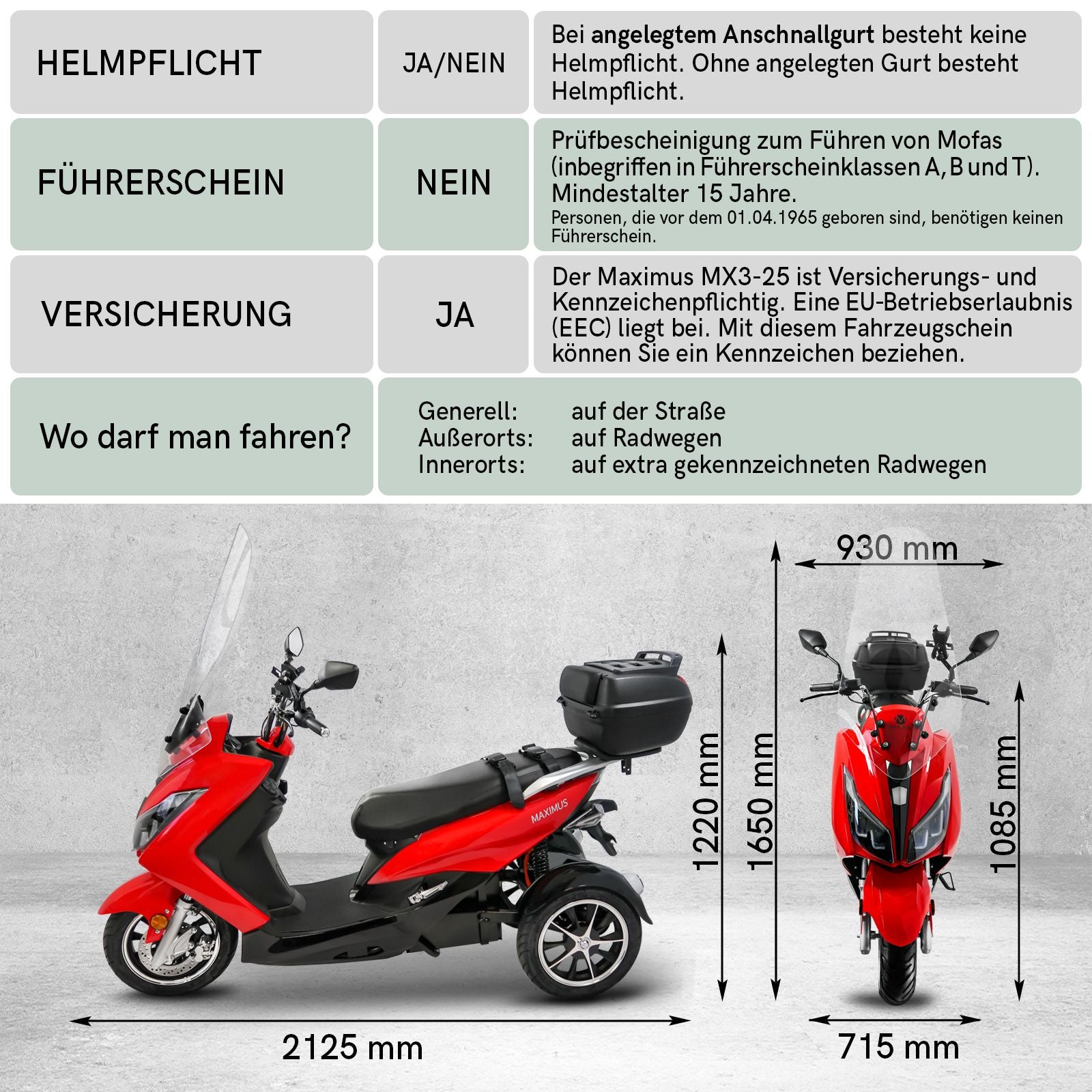 Maximus MX3-25, 2 x Lithium Akkus, 25 km/h